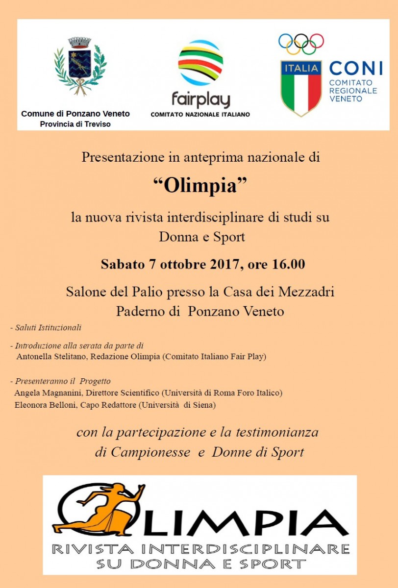 Locandina presentazione Olimpia rivista su Donna e Sport